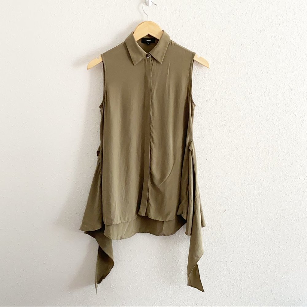 Theory Silk Sleeveless Collared Top Green